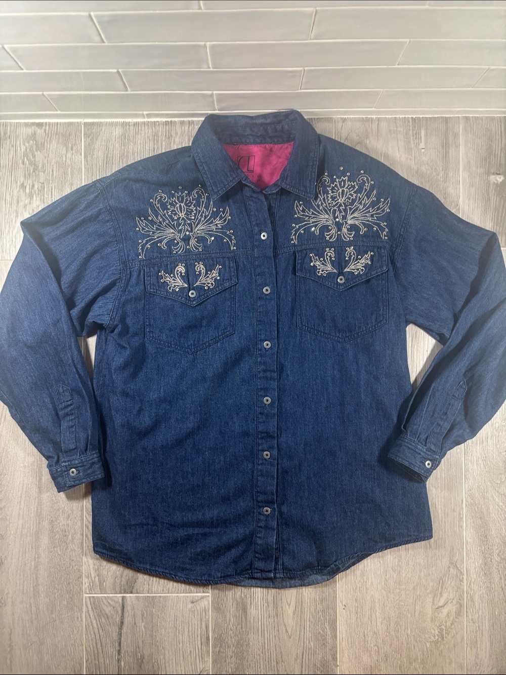 Vintage 80s 90s Carole Little Embroidered Denim Shirt Jacket Rhinestones Size 6